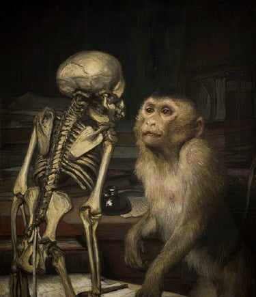 Tableau « Le Singe devant un squelette » de Gabriel von Max, réalisé vers 1840-1915.