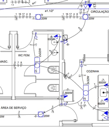 Detalhe em planta de projeto elétrico de uma cozinha e banheiro