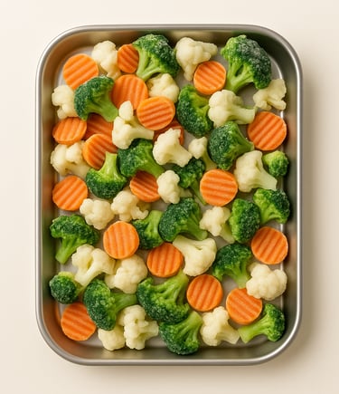 IQF broccoli, cauliflower, and carrots in stainless tray – Royal Market