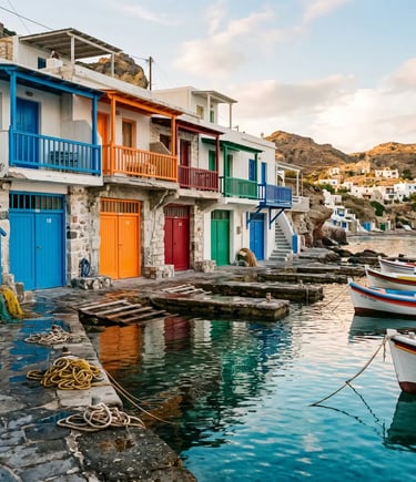 Colorful Syrmata fishermen boathouses with painted doors at waterfront in Klima Milos