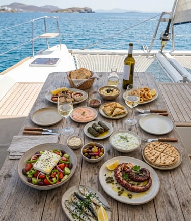 Greek mezze spread with octopus, feta salad and wine on catamaran deck overlooking Milos coast