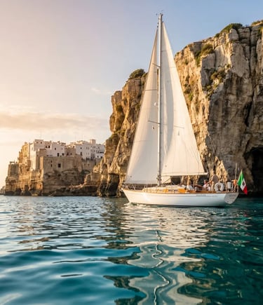 Classic white sailboat sailing near Polignano a Mare limestone cliffs at sunset