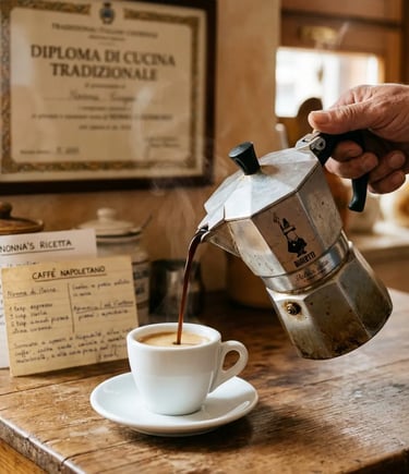 Traditional Moka pot pouring Neapolitan coffee with cooking diploma and recipes in background