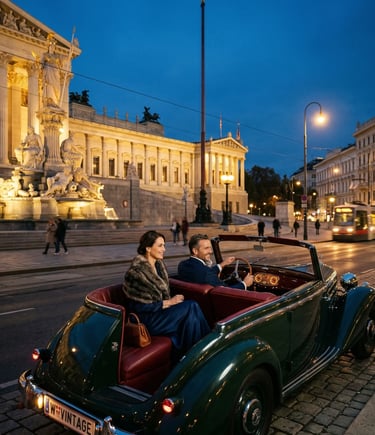 Elegant couple riding vintage convertible Oldtimer in front of illuminated Vienna Parliament and Athena Fountain