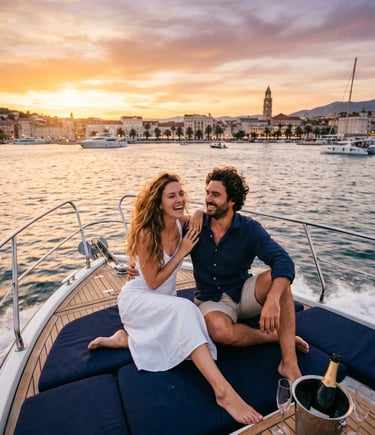 Couple laughing on boat deck at sunset with Split waterfront and cathedral in background