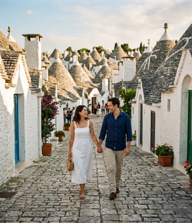 Couple walking hand in hand through trulli streets of Alberobello Puglia