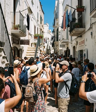 Packed narrow whitewashed alley in Polignano a Mare old town full of tourists with phones and cameras