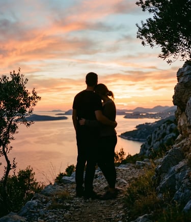 Couple hugging at sunset above the Adriatic Sea on the Dalmatian coast, Croatia