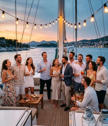 Group of friends laughing on private sailboat deck with string lights at twilight