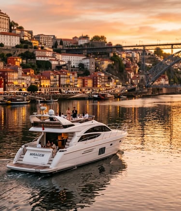  Private luxury yacht cruising the Douro River in Porto with Dom Luís Bridge at sunset.