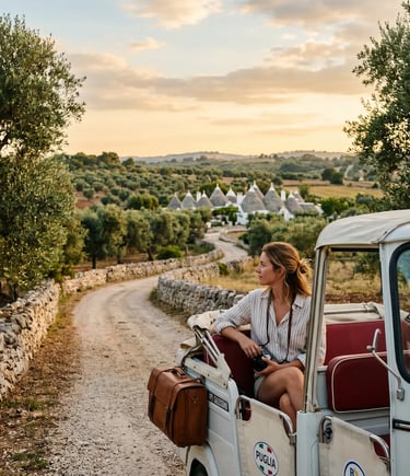 Woman seated in Ape Calessino overlooking Itria Valley trulli at golden hour