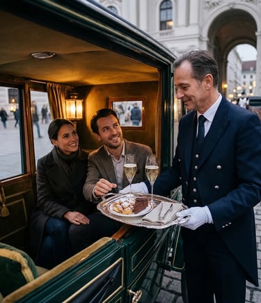 Butler in white gloves presenting Sachertorte and champagne to couple