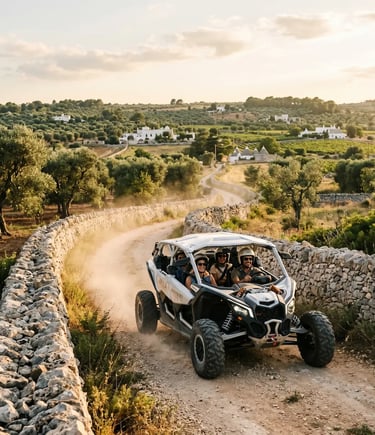 White off-road buggy with four passengers on dusty track between stone walls in Puglia
