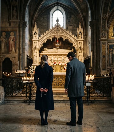 Couple in private reverence before Catholic altar and tomb in Italy