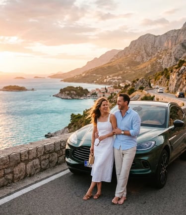 Couple smiling by luxury car on Dalmatian coastal road, Adriatic sea and mountains sunset