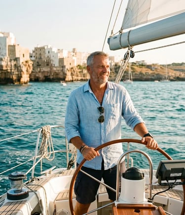 Smiling skipper in linen shirt at helm, Polignano a Mare old town visible behind