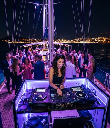 Live DJ performing on private sailboat deck at night during Split boat party experience