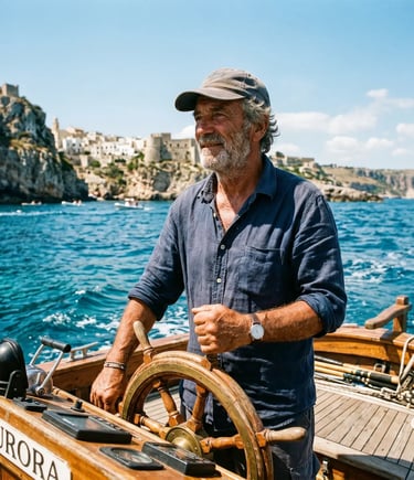 Experienced Italian skipper steering wooden boat near Castro Puglia limestone cliffs