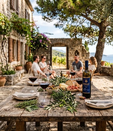 Group tasting red wine at rustic stone courtyard table with vineyard sea view
