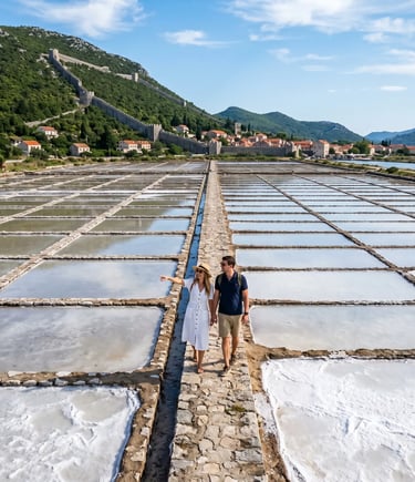 Couple walking through the ancient Ston salt pans below the medieval walls, Croatia
