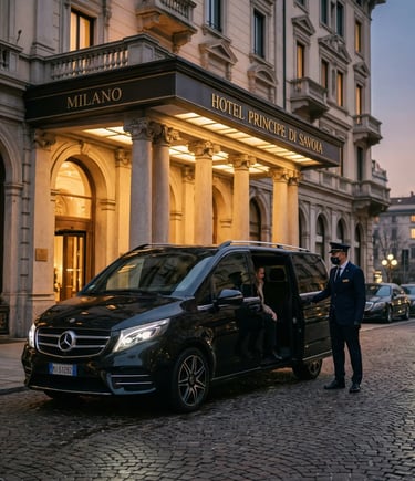 Uniformed driver opening black Mercedes V-Class door at Hotel Principe di Savoia Milan