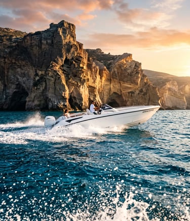 White speedboat cruising past volcanic cliffs at golden hour near Milos, Greece coastline