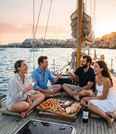Group of friends drinking wine and eating local food on sailboat deck at golden hour Puglia