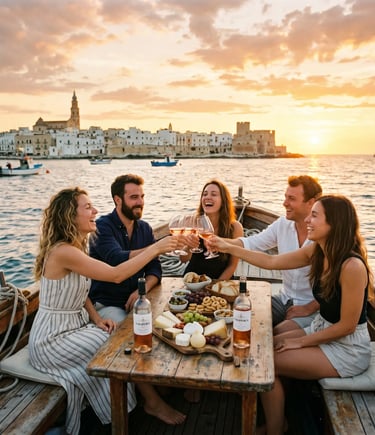 Group of friends laughing and toasting wine on a boat at sunset with Monopoli old town behind