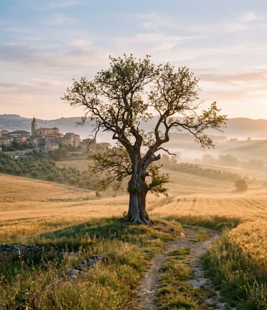 Solitary elm tree in Italian countryside near Pietrelcina at dawn