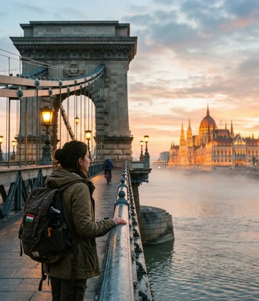 Female traveler with backpack on Budapest Chain Bridge at sunrise with Parliament