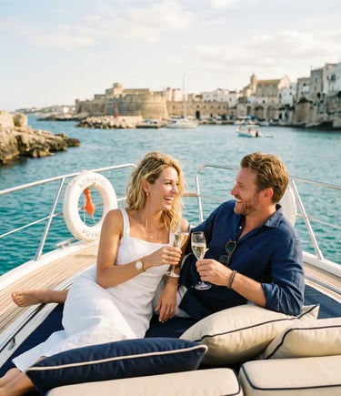 Smiling couple toasting with champagne on private boat in Monopoli