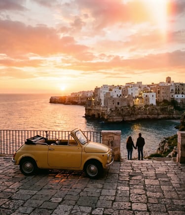 Yellow vintage Fiat 500 Spiaggina parked at Polignano a Mare sunset viewpoint with couple nearby