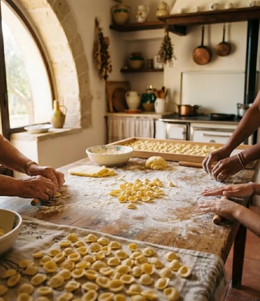 Fresh orecchiette drying on wooden table in traditional Puglian home kitchen during cooking class