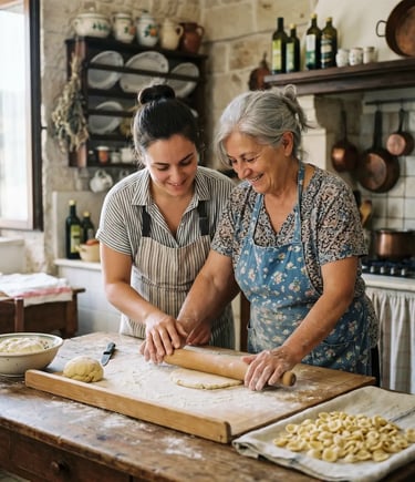 Italian local host teaching traveler to roll fresh pasta dough in rustic Lecce kitchen