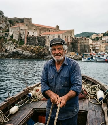Elderly Sardinian fisherman holding rope on a traditional wooden boat near Carloforte tonnara