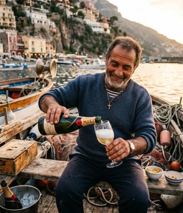 Smiling Italian man pouring Champagne into a glass on a wooden fishing boat at golden hour