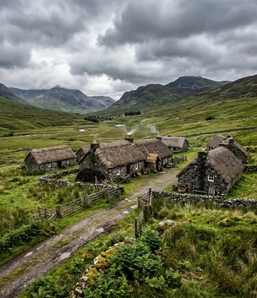 Auchindrain Heritage Village thatched cottages in Scottish Highlands with green pasture.