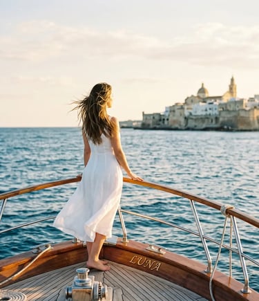 Woman standing on boat bow in white dress with Monopoli skyline behind her