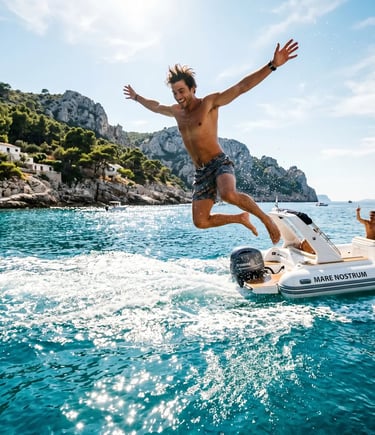  Excited man jumping from white speedboat into crystal turquoise Adriatic with rocky cliffs