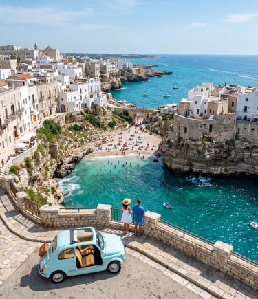 Couple admiring Polignano a Mare cliffs and turquoise sea beside a pale blue Fiat 500 Spiaggina