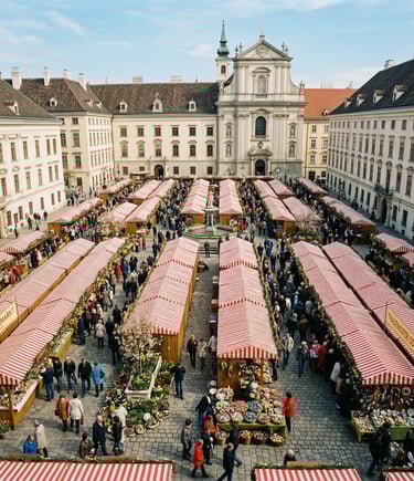 Aerial view of Vienna Easter market with red-striped stalls in a historic baroque square