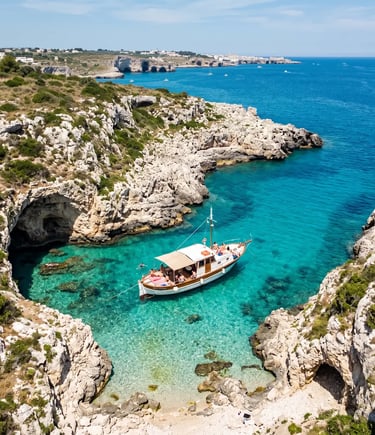  Drone shot of white boat in turquoise cove surrounded by white limestone rocks Puglia