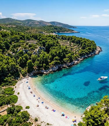 Aerial view of Srebrena Beach on Vis Island, Croatia, a Mamma Mia filming location