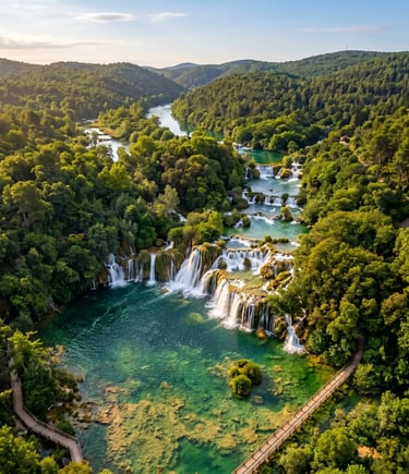 Drone aerial shot of Krka National Park emerald waterfalls and lush forest in golden morning light