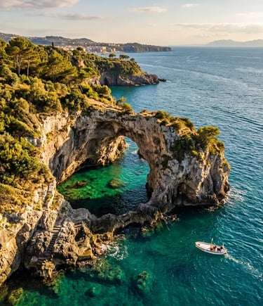 Aerial view of Baths of Queen Giovanna natural rock arch and turquoise pool near Sorrento