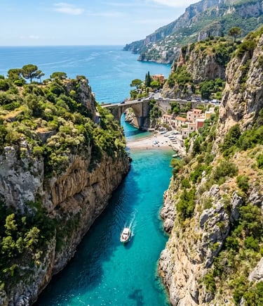 Aerial view of Furore Fjord with tour boat cruising through turquoise water