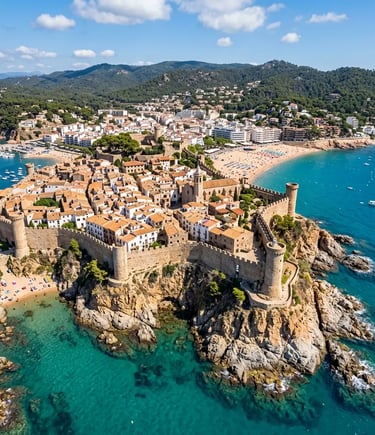 Aerial view of Vila Vella medieval walled old town on the Tossa de Mar headland