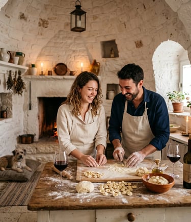 Couple hand-rolling pasta with wine in rustic Alberobello trullo kitchen, dog resting nearby