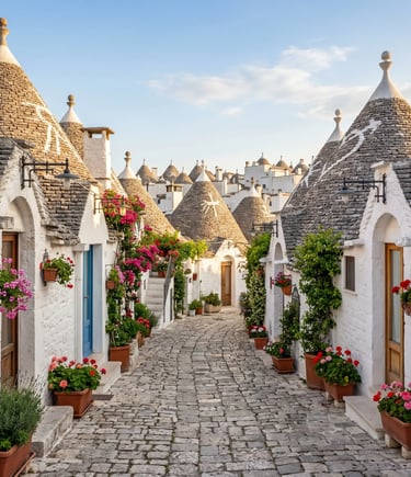 Whitewashed trulli houses with conical stone roofs and flowers along Alberobello cobblestone alley