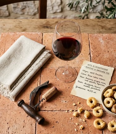 Glass of Primitivo wine with Apulian taralli and tasting notes on a terracotta table